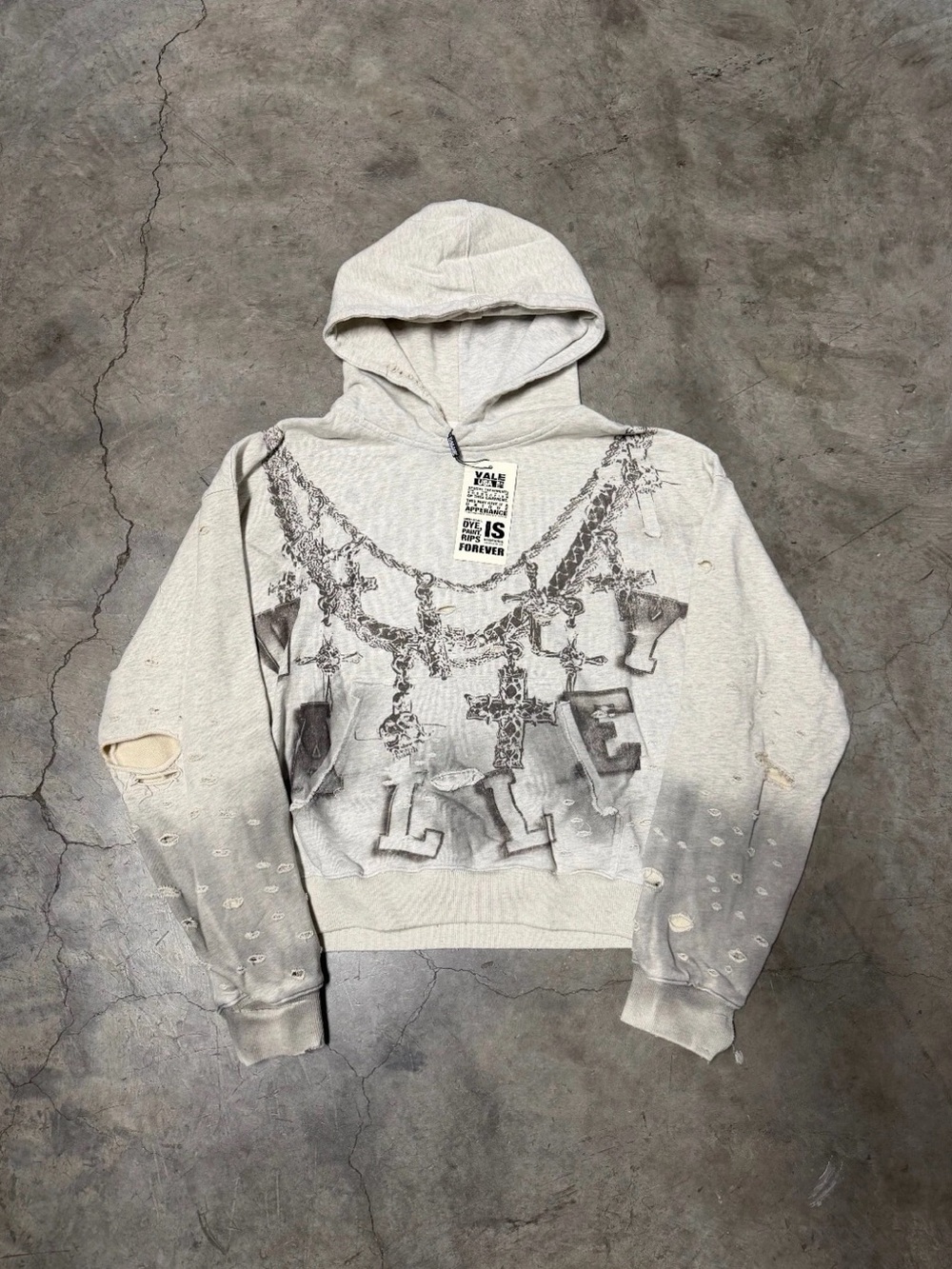 Distressed Cream Graphic Zip Hoodie for Men